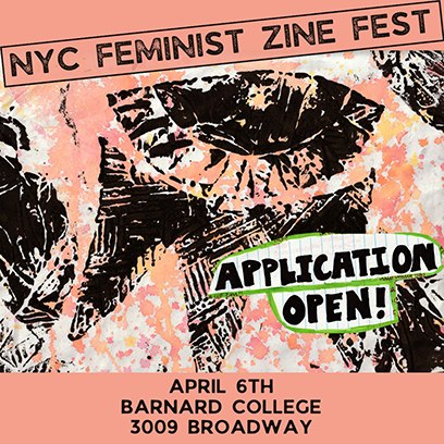 Black clay print of abstract eye with three triangles underneath on a speckled peach, orange, yellow, and grey background. Upper and lower text in peach bands. Text reads NYC Feminist Zine Fest, April 6th, Barnard College, 3009 Broadway. Green outlined text reads Applications Open