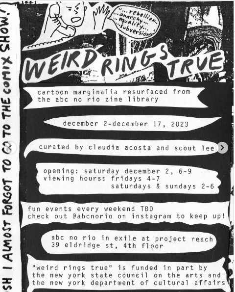 flyer with a drawing of a person speaking into an old wired phone with a speech bubble saying "...rebellion...anarchy...equality...subversion..." above black background and white text bubbles with typewriter font text that reads weird rings true