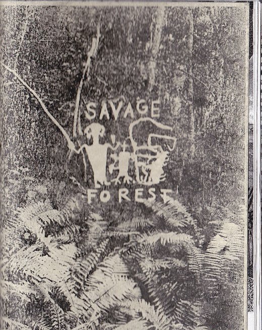 zine cover: Savage Forest. title/logo in the center, overlaid on forest background