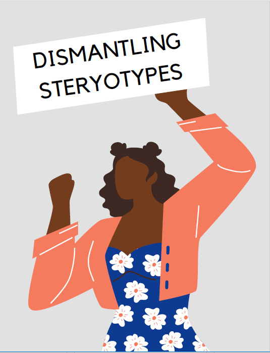 zine cover: person in flowered dress and red jacket making power fist and holding a sign with the zine title