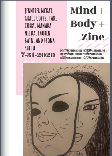 zine cover: title on top, illustration of a person with their face partially obscured by a mask