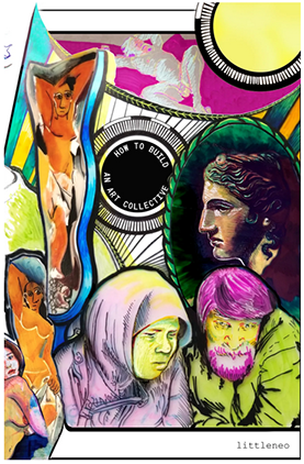 zine cover: color collage of historical art figures and circles
