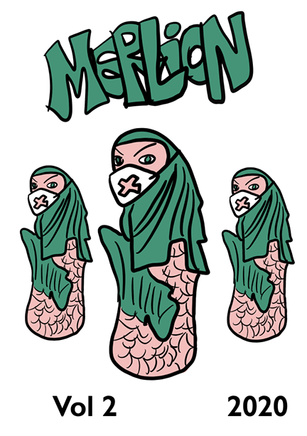 zine cover: three pink hijabi people with scaly bodies and no legs wearing surgical masks