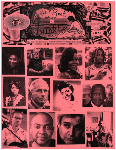 screenshot of zine cover: photos of Black figures in squares on a red background