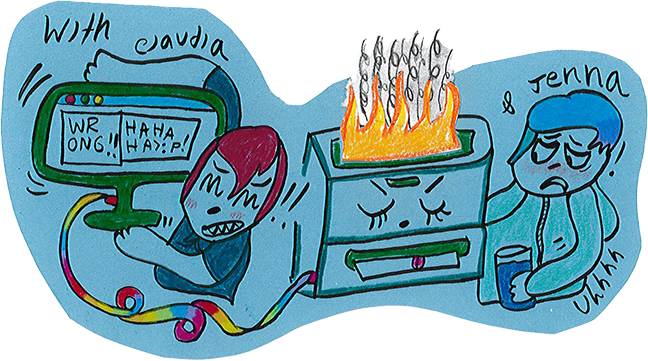 hand drawn illustration of Claudia and Jenna dealing with a hostile computer and a flaming photocopier
