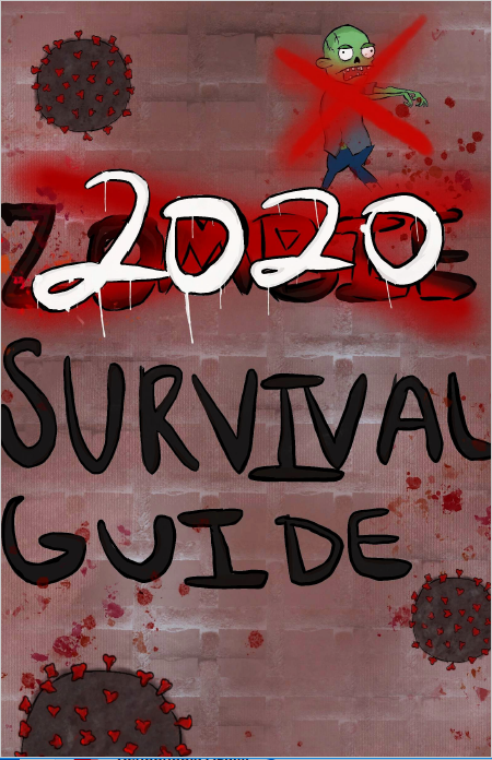 zine cover: graffiti style writing on a brick wall, "2020" replacing the word "zombie"