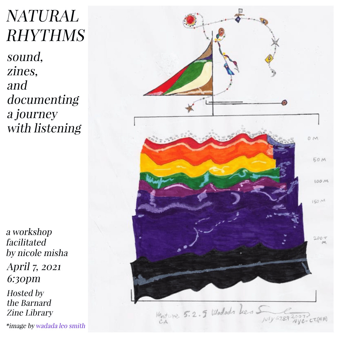 Graphic with the text "Natural Rhythms: Sound, Zines, and Documenting a Journey with Listening  led by Nicole Misha / image by Wadada Leo Smith." graphic of what might be a colorful sailboat or mobile with a thin banner of stars above a colorful, layered view of the earth that evokes sound waves