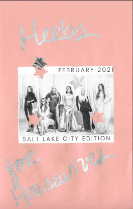 zine cover: pink with title in silver, photo of the cast of The Real Housewives of Salt Lake City