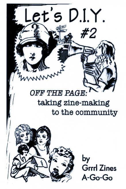 zine cover: vintage clip art of person holding books and megaphone, 1920s looking person, telephone operator