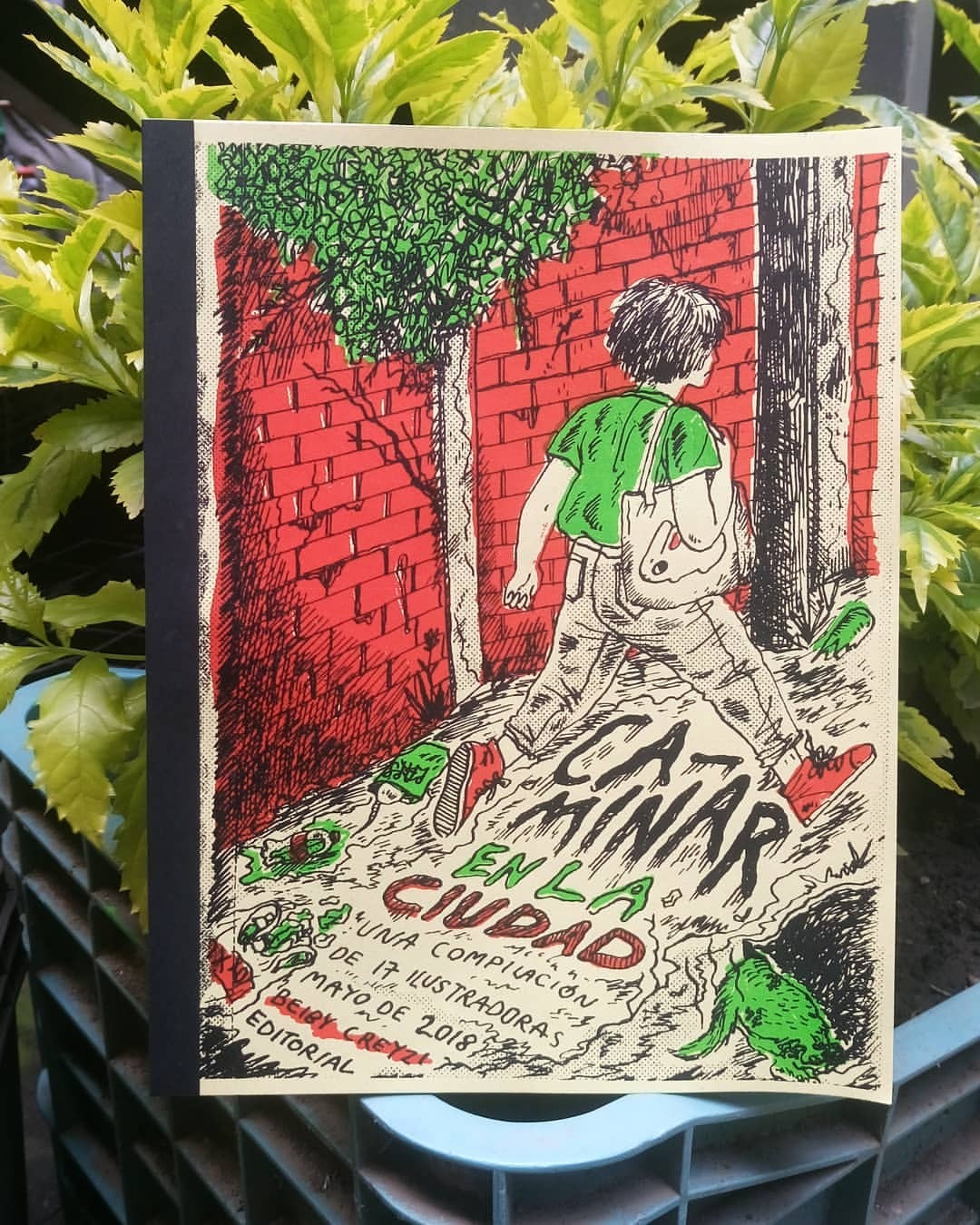 zine cover: color print of woman walking, bunny tote bag, brick, tree