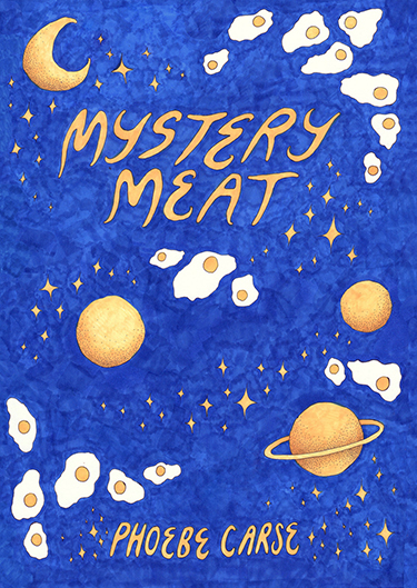 zine cover: fried eggs in outer space on royal blue cardstock