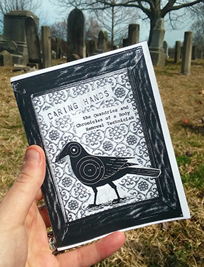 photo of zine cover: hand holding a zine with a target bird in a picture frame. Cemetary in the background