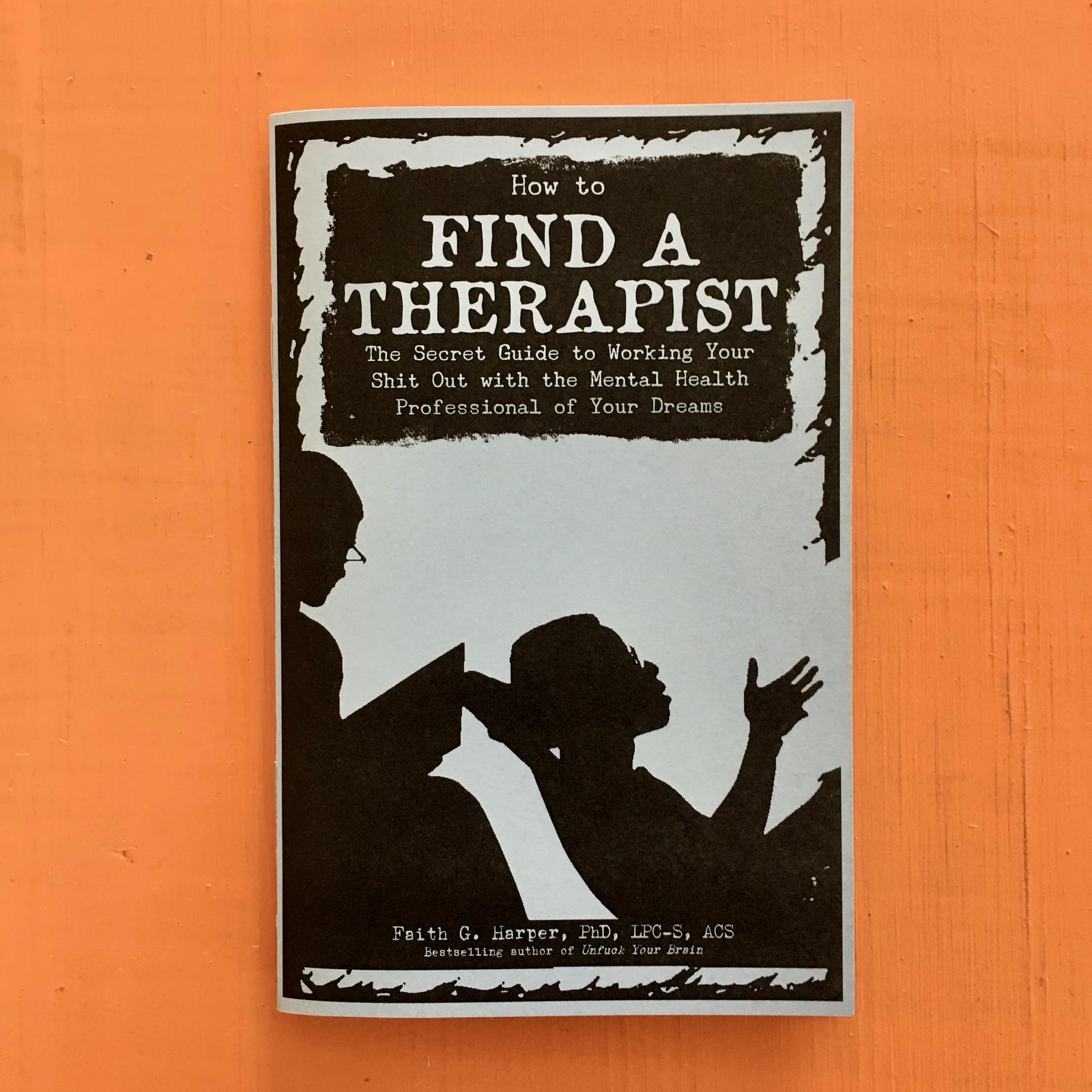 zine cover: silhouette of patient on a couch and therapist on a chair on an orange background