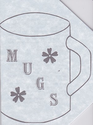 Photo of zine cover: illusration of a flowered coffee/tea mug on light blue marbled paper