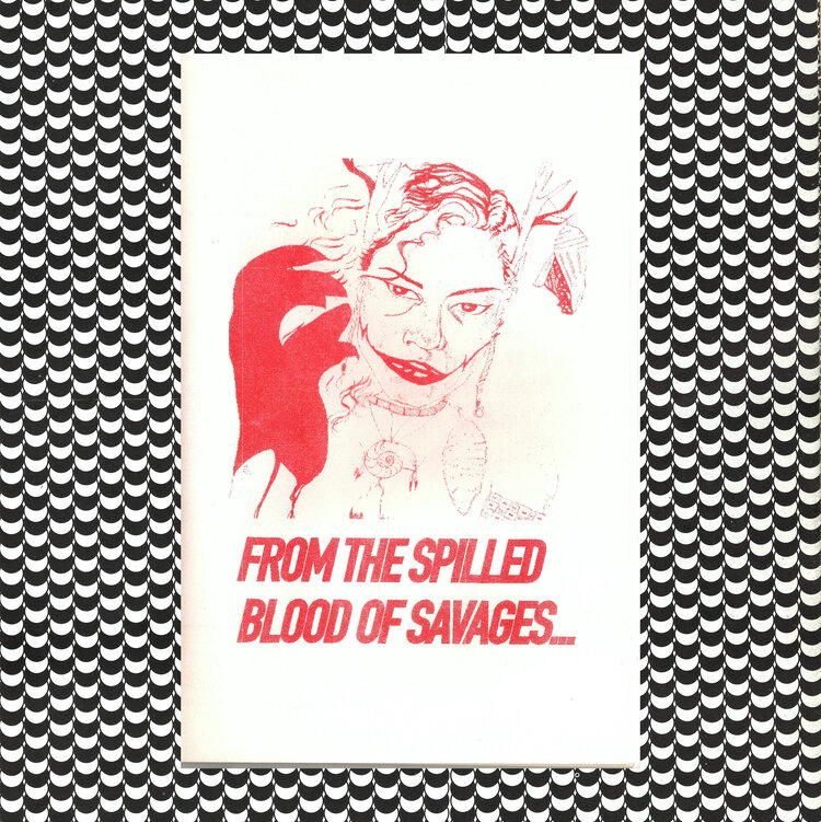 zine on geometric background: red riso-printed cover depicts a person with large, angular lips, and angular face, pigtails, and a menacing hand