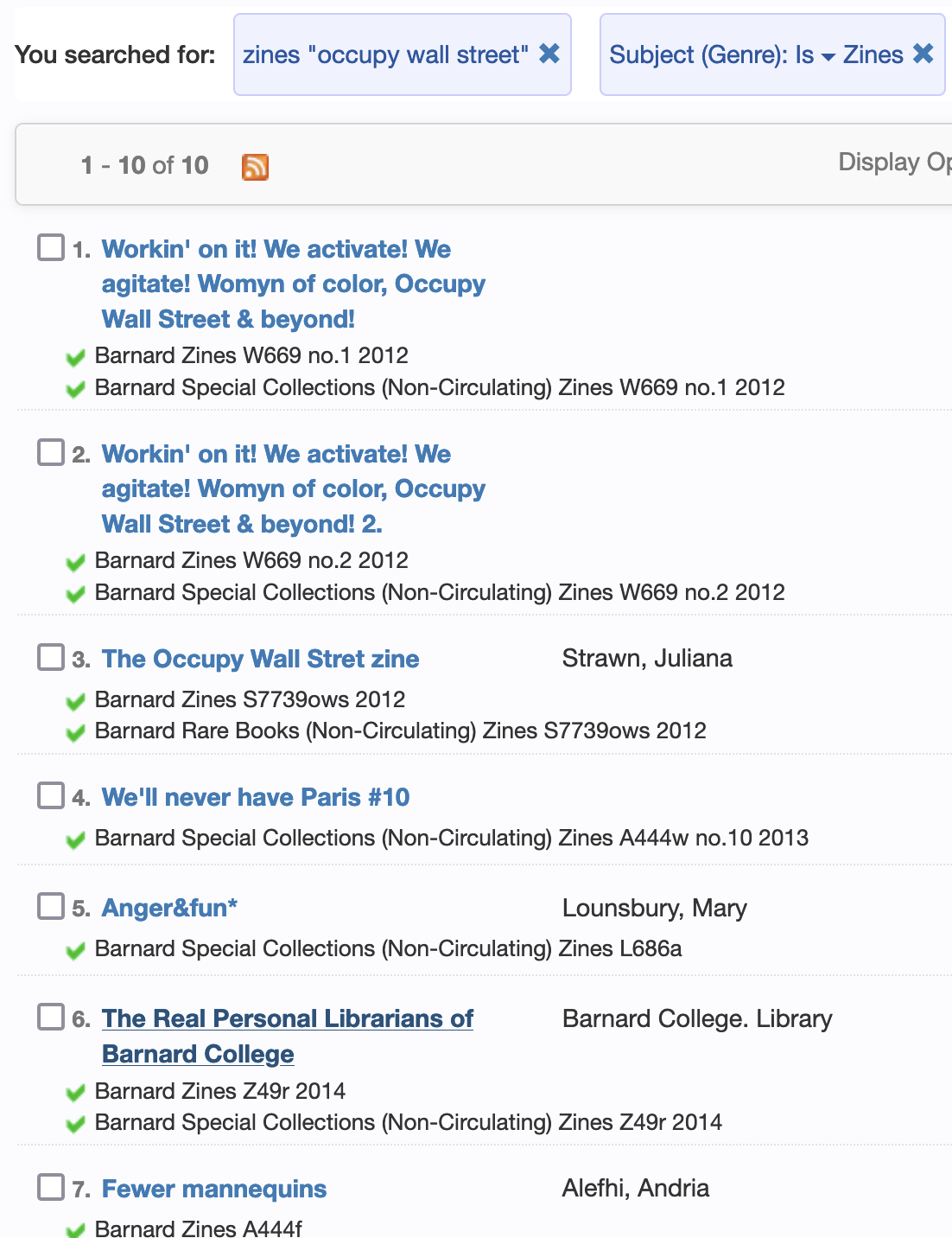 screenshot of CLIO results https://clio.columbia.edu/catalog?f%5B-format%5D%5B%5D=FOIA+Document&f%5Bsubject_form_facet%5D%5B%5D=Zines&q=zines+%22occupy+wall+street%22&search_field=all_fields