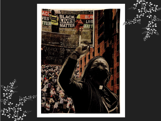 color zine cover: Black person with raised fist, protest collage