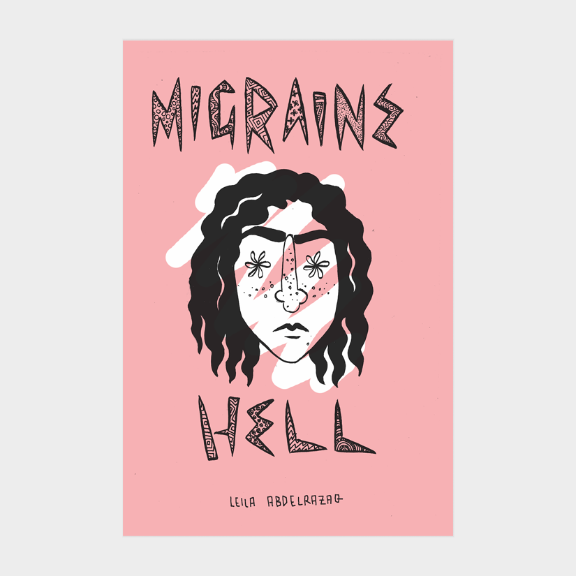 zine cover: red and black drawing of a person with a migraine on a pink background
