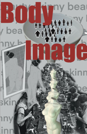 color zine cover: collage of factory workers, mannequins