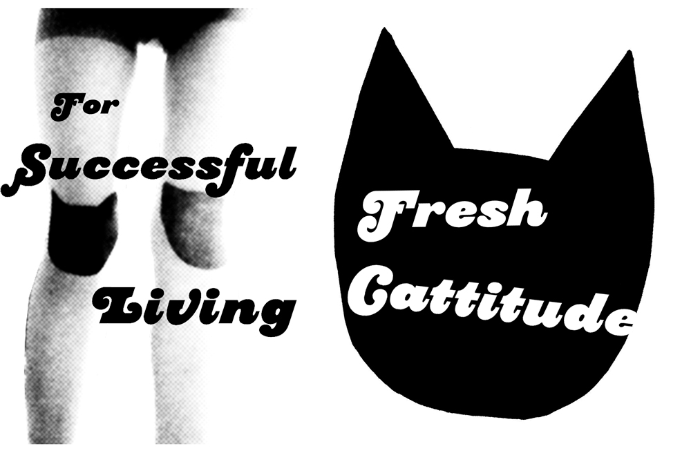 zine cover: left side shows a photo of legs with knee pads; right has a cat head silhouette and the title over it in negagive