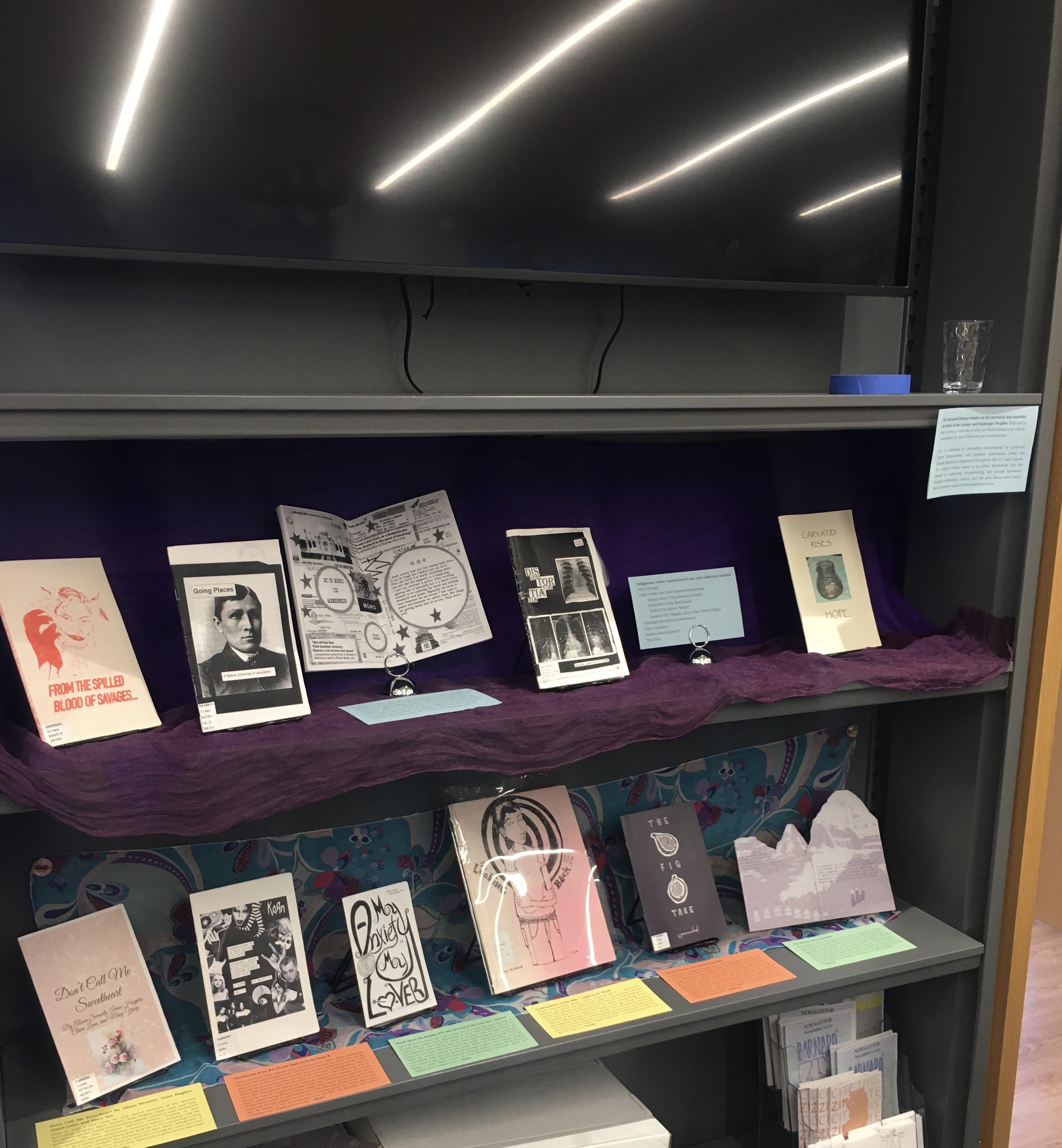 Two display shelves of zines, alongside colorful labels and purple and patterned scarves in the background.
