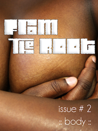 zine cover: color photo of a hand covering a brown breast