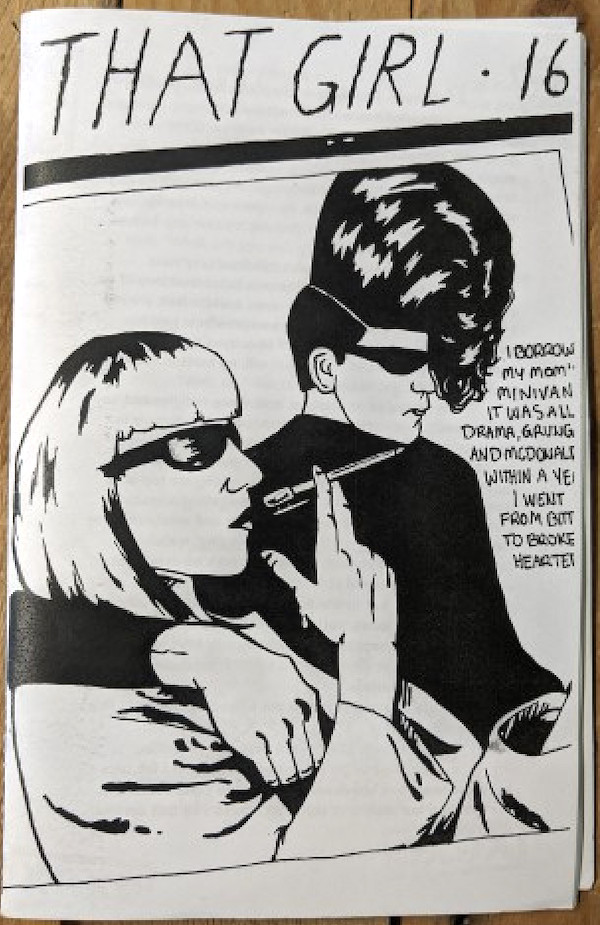 zine cover with art from the Sonic Youth album Goo. drawing of 1950s looking man and woman in a car