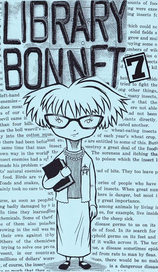 zine cover: blue with drawing of a person with cat eye glasses, a cardigan, and a book over text background