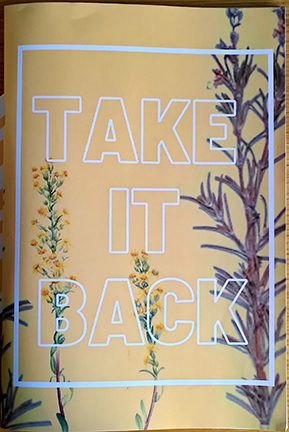 zine cover: light blue all caps outline title with the same color box around it on a yellow background with herbs