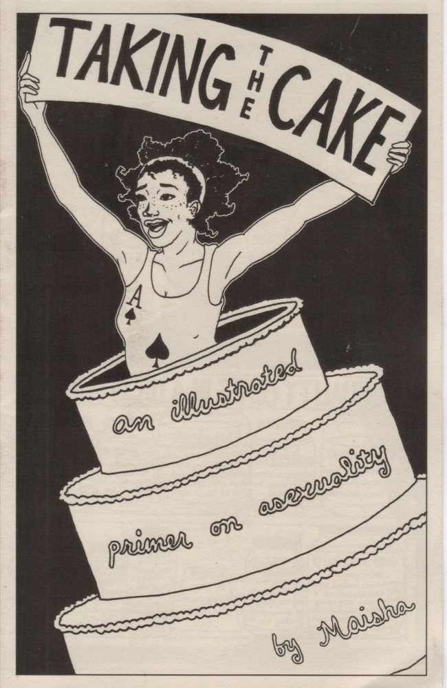 zine cover: comic of a person bursting out of a cake holding a banner with the zine title