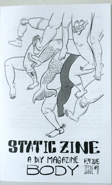 zine cover: body parts, including a mermaid tale and a tattoo