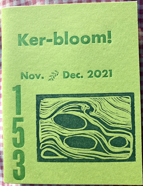 zine cover: lime green cardstock, title and number in darker green letterpress, sonogram looking graphic