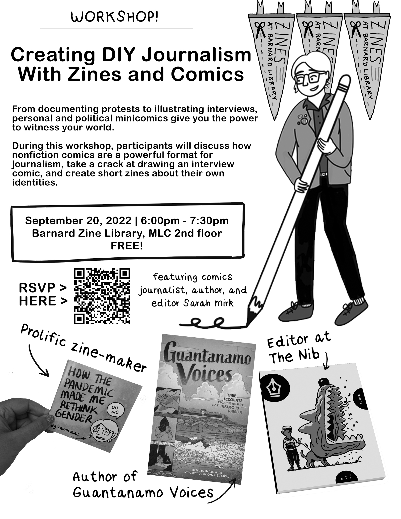 drawing of person holding a giant pencil, workshop text and details (as included on this web page)