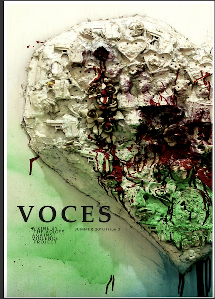 cover of Voces zine: gradient from cream to green, bloodstained sculptural element that 