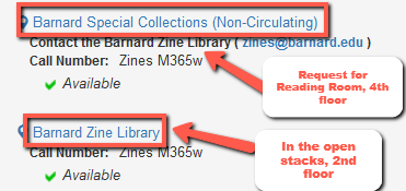 screenshot of CLIO record with arrows pointing to "Barnard Special Collections" and "Barnard Zine Library" locations