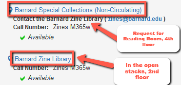 screenshot: • Barnard Special Collections (Non-Circulating) Contact the Barnard Zine Library (zines@barnard.edu) Call Number: Zines M365w Available Barnard Zine Library Call Number: Zines M365w ~ Available  Request for Reading Room, 4th In the open stacks, 2nd floor