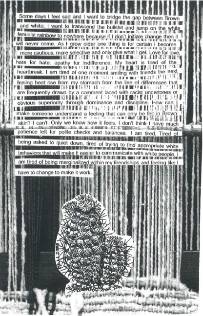 page from a zine: text over loom background, cut and paste cactus at the bottom.