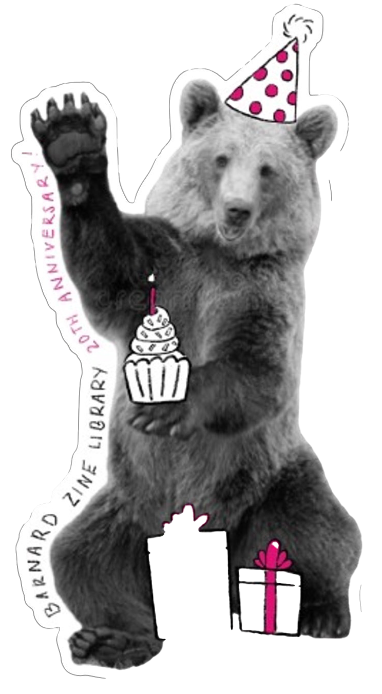 graphic of a photorealistic bear with an illustrated birthday hat, cupcake, and presents