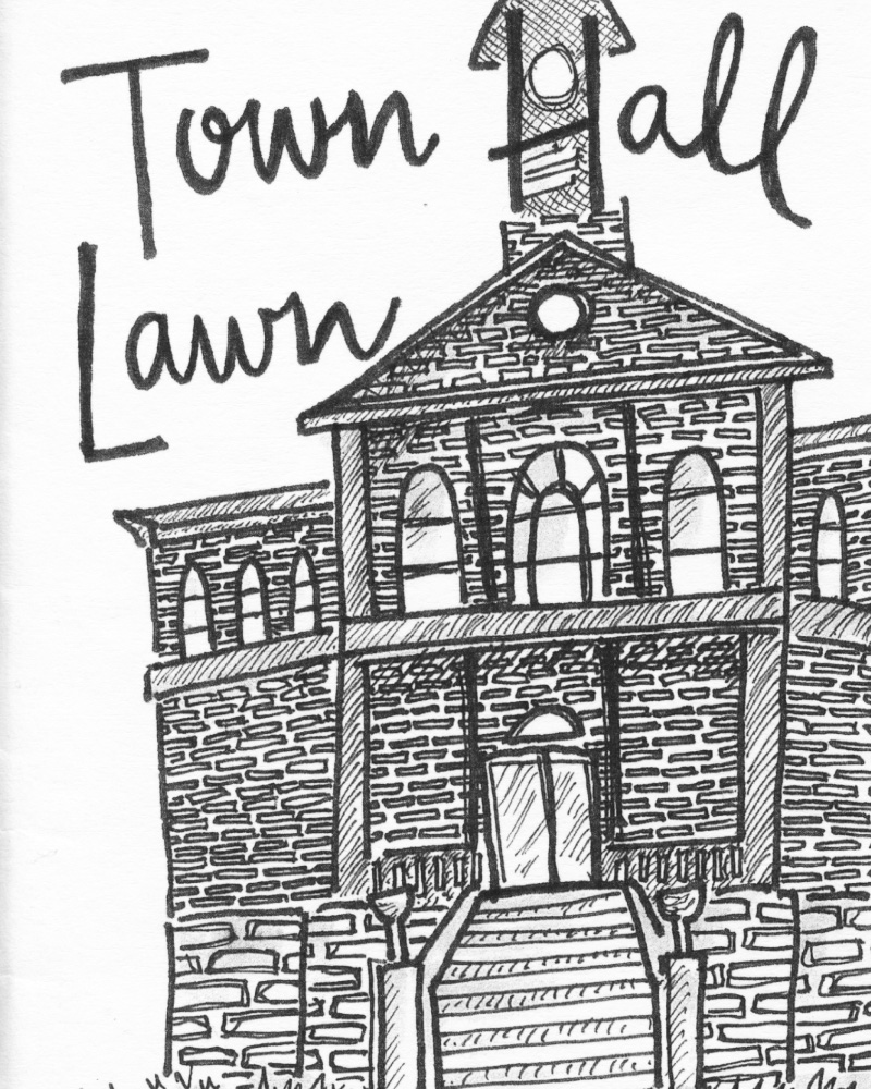 zine cover: drawing of a brick New England town hall, title in cursive at the top
