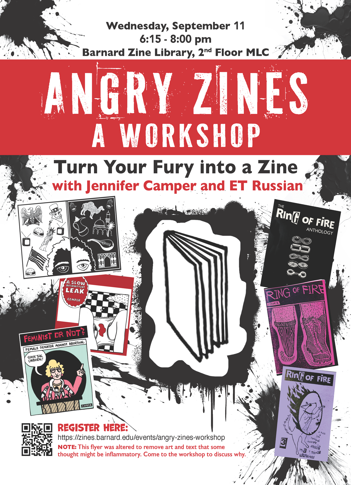 workshop flyer: all of the text is in the associated web page. The graphics include the title in white on a red banner and insets of the workshop leaders' zines and comics.