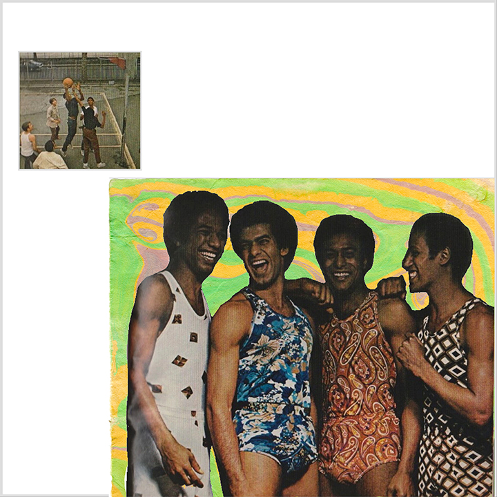 A group of men in patterned tank tops smiling and standing together, with a small inset representing their shared adolescent history of playing basketball.