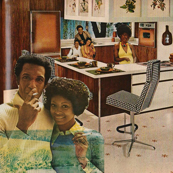 A man and a woman host a gathering in their stylist kitchen with their friends in the 1970s.