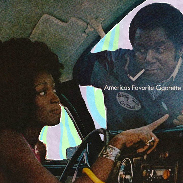 a collage of a 1970s cigarette advertisement with a woman inside of a car and a man servicing her at the car wash.