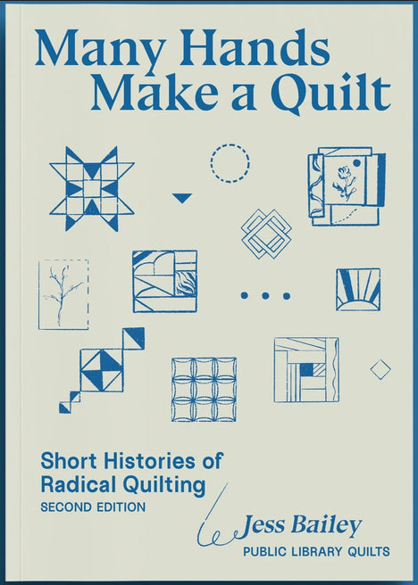 zine cover: title and graphics in teal on beige. The graphics are quilting patterns. The zine's subtitle is Short Histories of Radical Quilting