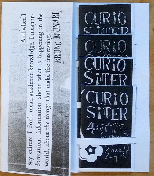 photo of the zine cover, which includes the title, as well as this text "And when I say culture, I don't mean academic knowledge, I mean information: information about what is happening in the world, about the things that make life interesting. -- Bruno Munari"