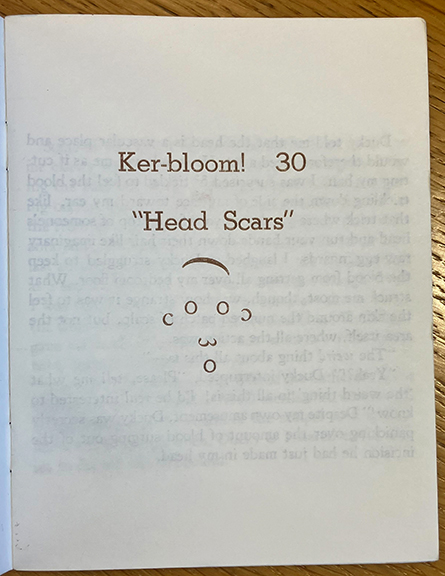 photo of the title page of a zine that reads "Ker-bloom 30: Head Scars" and includes squiggles that simulate a head