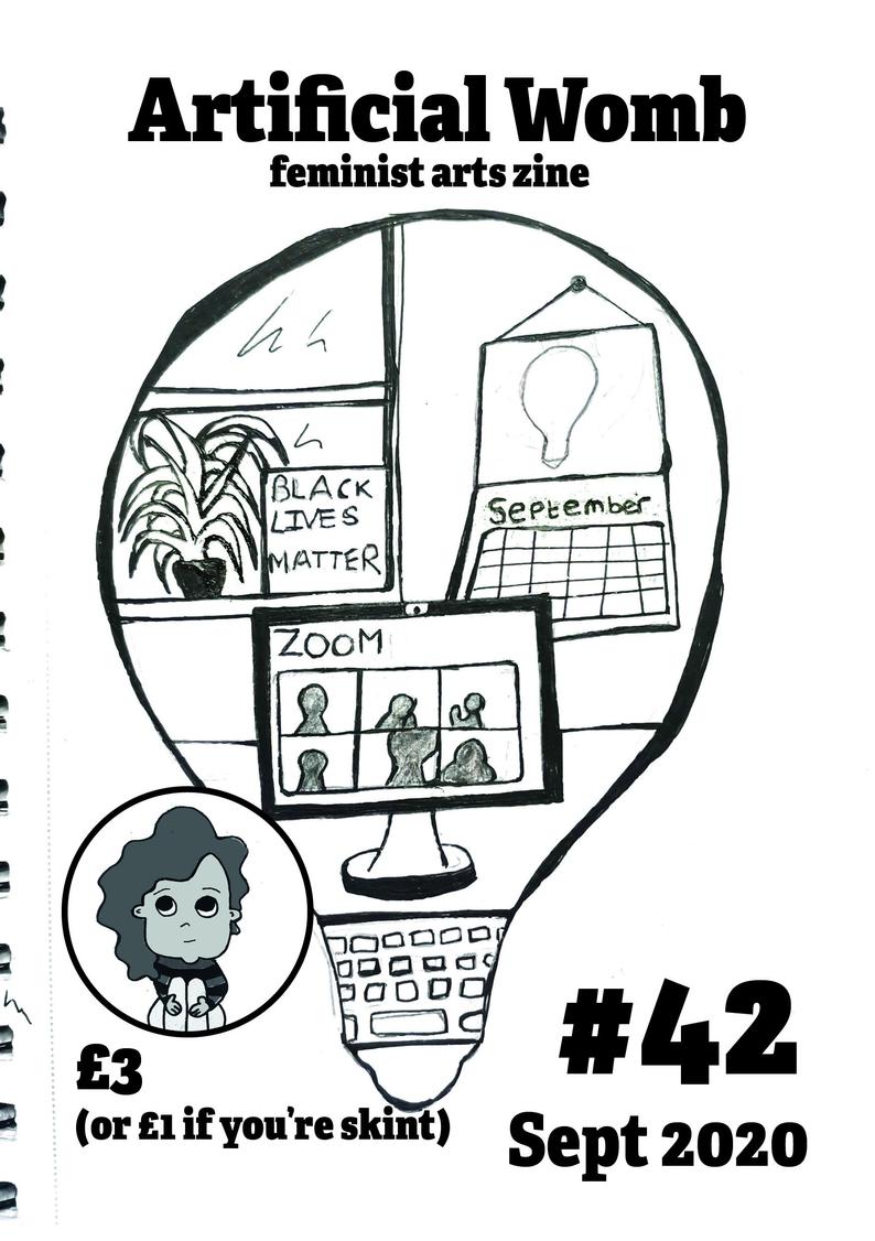 zine cover: Artificial Womb #42: drawing of window, calendar, and laptop with Zoom open--all inside a lightbulb