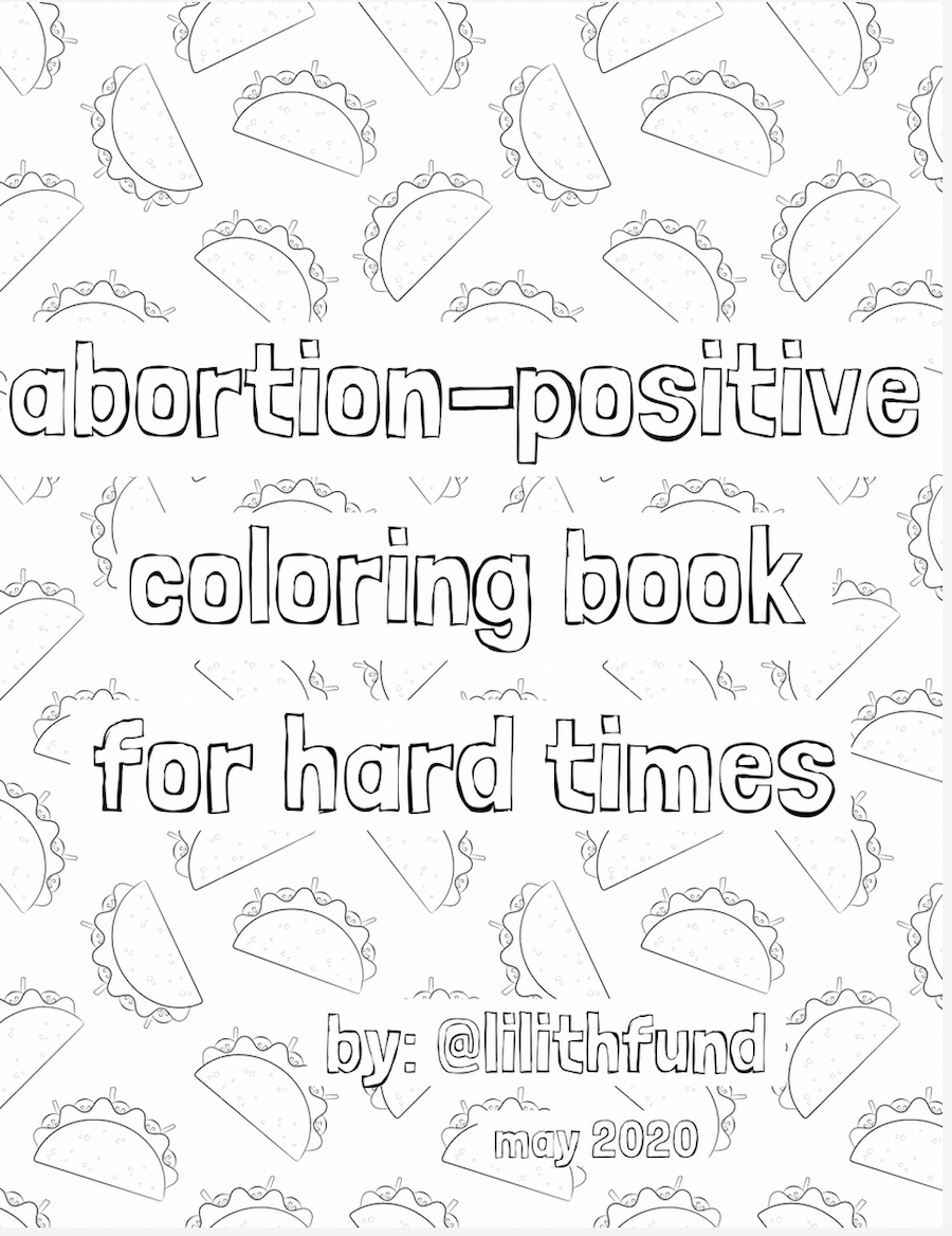 zine cover: Abortion-Positive Coloring Book, title on a background of tacos