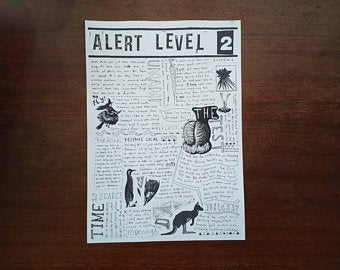 zine cover: Alert Level 2, no. 1. tri-folded sheet with handwritten text illustrated with clip art and handdrawings
