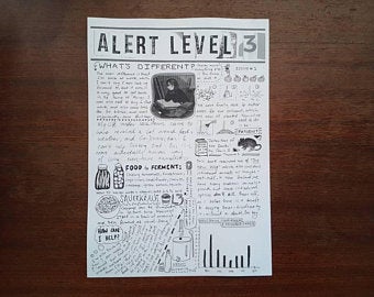 zine cover: Alert Level 3, no. 1. tri-folded sheet with handwritten text illustrated with clip art and handdrawings